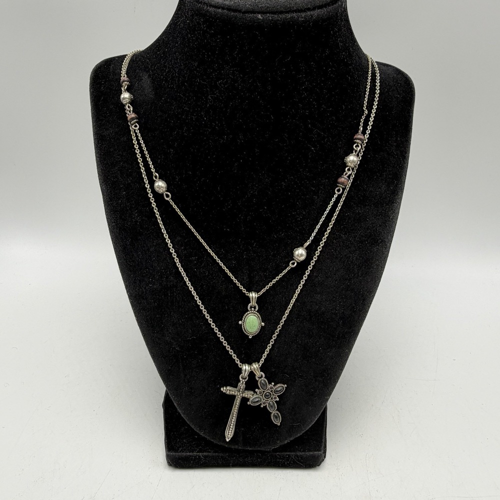 Lucky Brand Necklace Silver Tone Cross Faux Green Turquoise Layered Beads